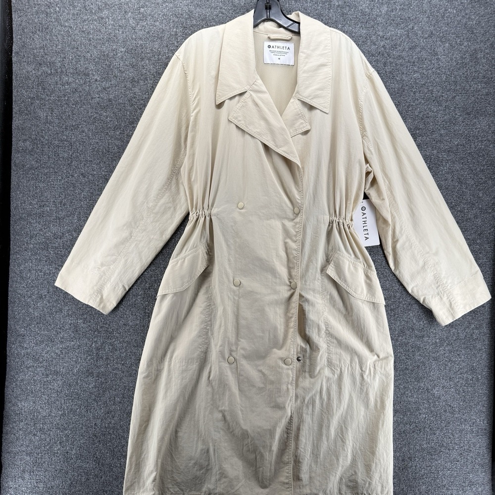 Athleta Luna Trench Coat Medium Cream Nylon Double Breasted Long Jacket Luxury